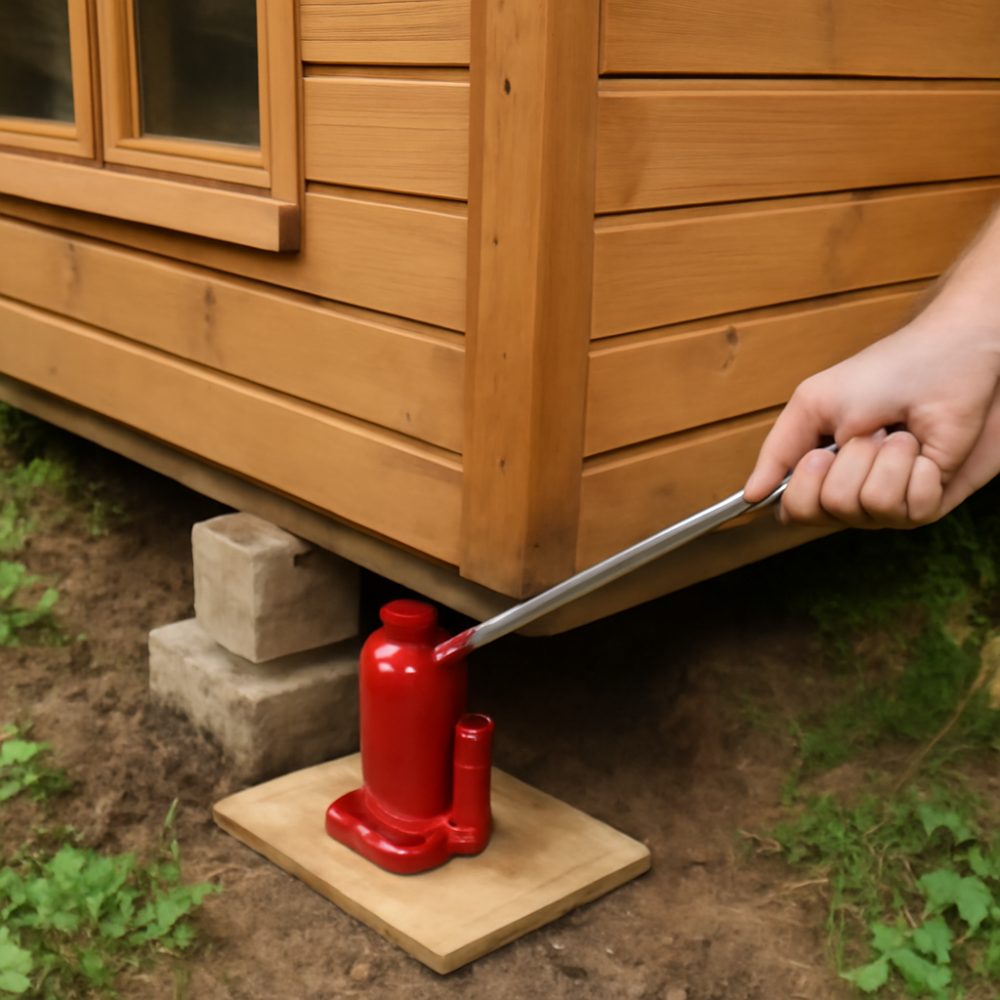 Как поднять садовый домик домкратом своими руками 1